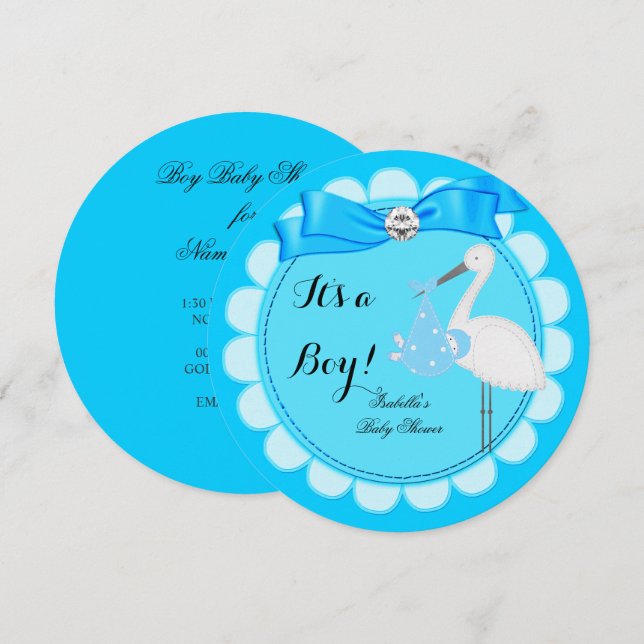 Baby Shower Boy Blue Cute Blue Boy Stork Invitation (Front/Back)