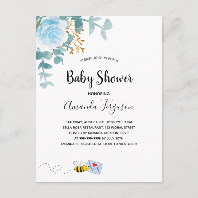 Baby Shower boy blue floral greenery mum to bee Postcard (Front)
