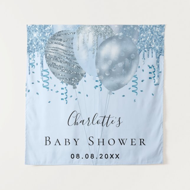 Baby Shower boy blue glitter balloons silver Tapestry (Front)