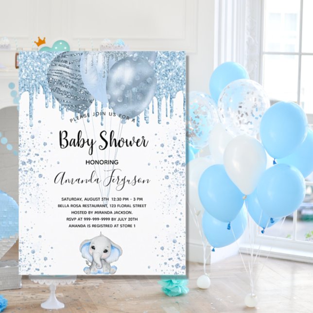 Baby Shower boy blue glitter elephant balloons Invitation Postcard (Creator Uploaded)