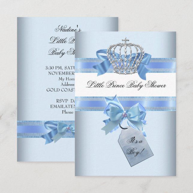 Baby Shower Boy Blue Little Prince Crown bow sml Invitation (Front/Back)