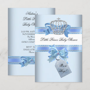 Baby Shower Boy Blue Little Prince Crown bow sml Invitation