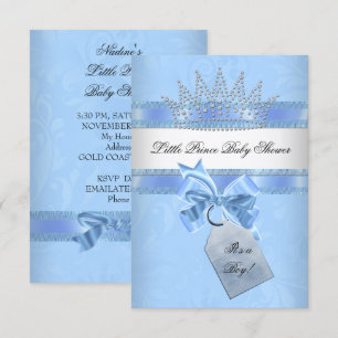 Baby Shower Boy Blue Little Prince Crown Damask Invitation