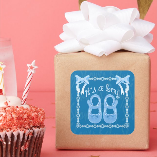 Baby shower boy blue square sticker (Party)