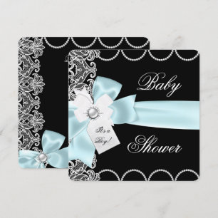 Baby Shower Boy Blue Teal Black White Lace Invitation