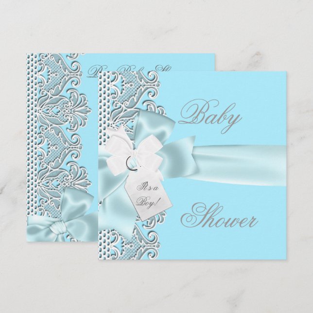 Baby Shower Boy Blue Teal Grey White Lace Invitation (Front/Back)