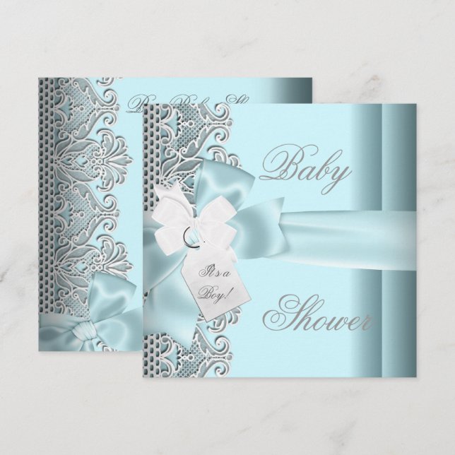 Baby Shower Boy Blue Teal Grey White Lace Invitation (Front/Back)