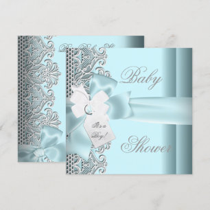 Baby Shower Boy Blue Teal Grey White Lace Invitation