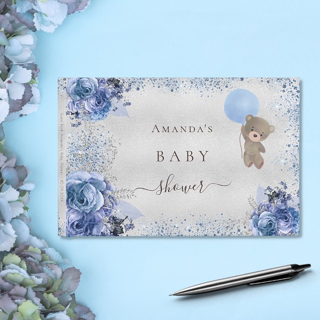 Baby Shower boy blue teddy bear glitter floral Guest Book (Creator Uploaded)