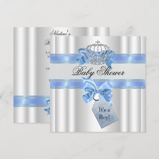Baby Shower Boy Blue White Prince Crown Invitation (Front/Back)