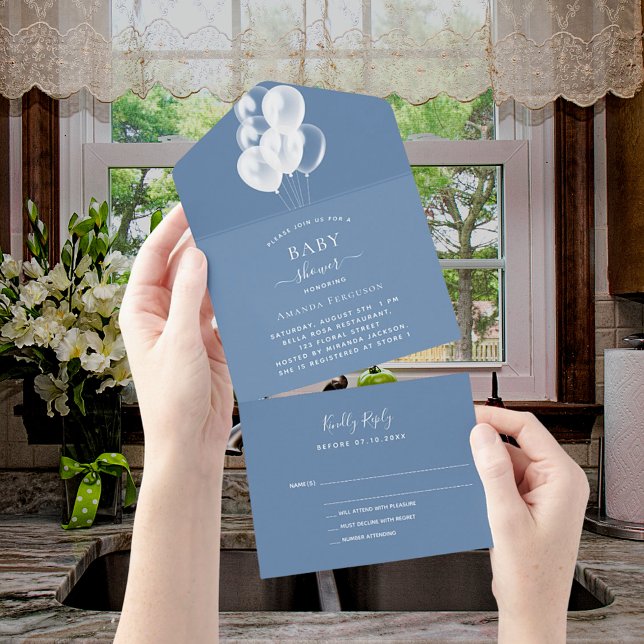 Baby Shower boy dusty blue white balloons RSVP All In One Invitation (Creator Uploaded)