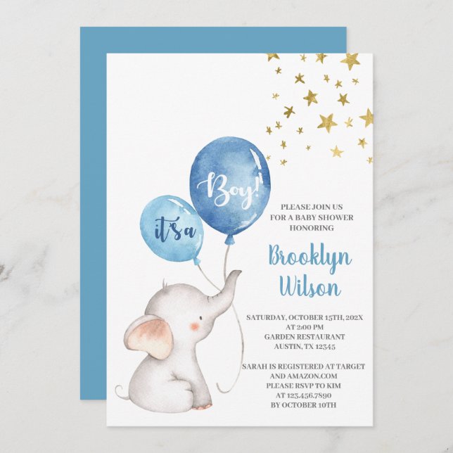 Baby Shower Boy Elephant Invitation (Front/Back)