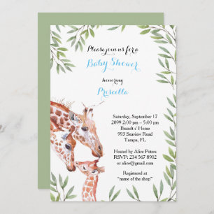 Baby Shower BOY, giraffe, white, almond, leaves Invitation