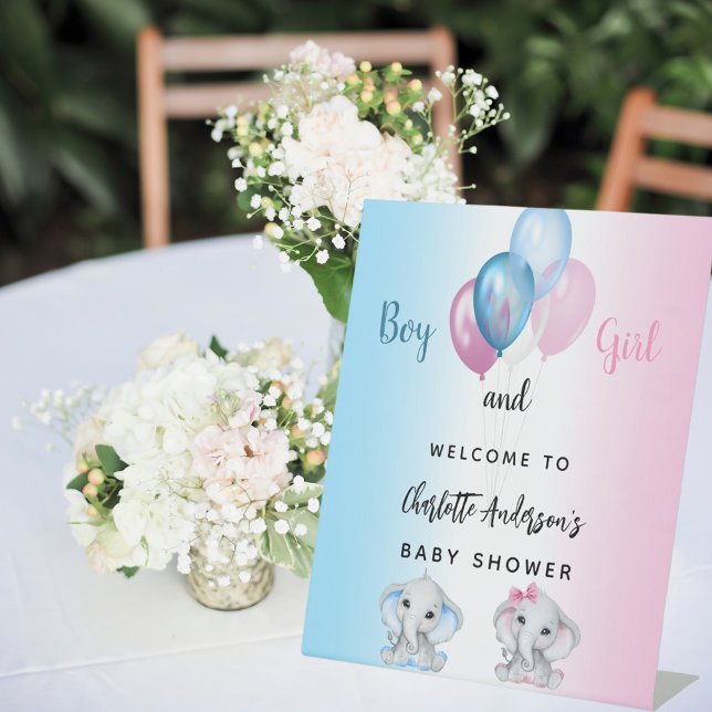 Baby Shower boy girl blue pink elephants welcome Pedestal Sign (Creator Uploaded)