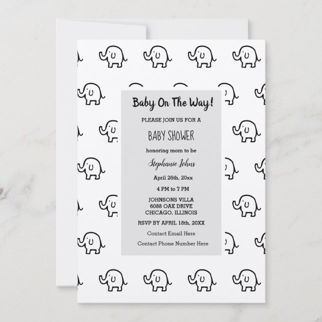 Baby Shower Boy Girl Elephant Patterns Grey Silver Invitation (Front)