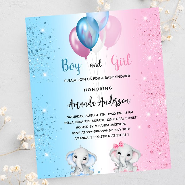 Baby Shower boy girl elephants budget invitation (Creator Uploaded)