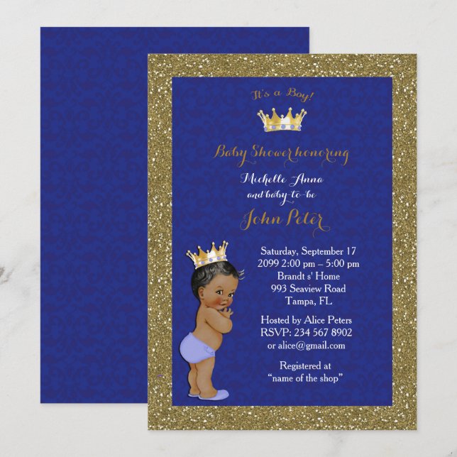 Baby Shower BOY,golden frame,blue & gold. Invitation (Front/Back)