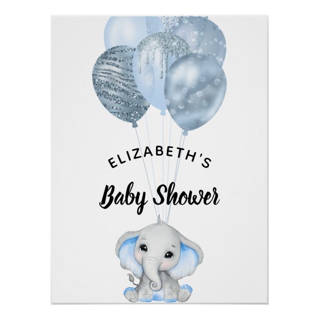 Baby Shower boy light blue elephant balloons Poster (Front)
