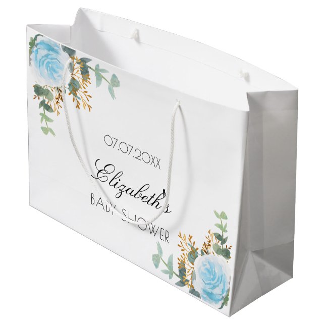 Baby Shower boy light blue floral eucalyptus Large Gift Bag (Back Angled)