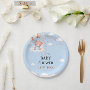 Baby shower boy light blue teddy bear paper plate