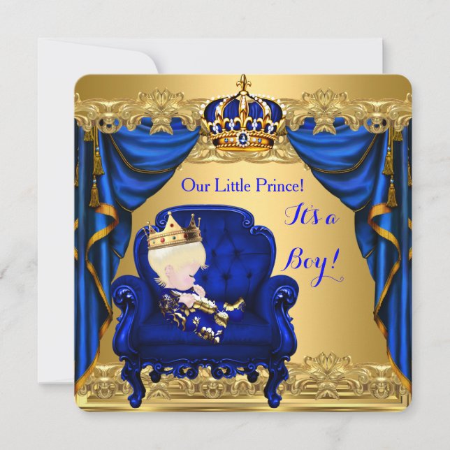 Baby Shower Boy Little Prince Royal Blue Golden 3 Invitation (Front)