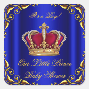 Baby Shower Boy Little Prince Royal Blue Red Gold Square Sticker