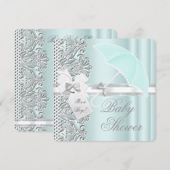 Baby Shower Boy Mint Blue Grey White Lace Invitation (Front/Back)