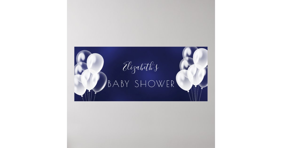 Baby Shower boy navy blue white balloons name Poster Zazzle