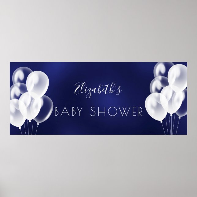 Baby Shower boy navy blue white balloons name Poster (Front)
