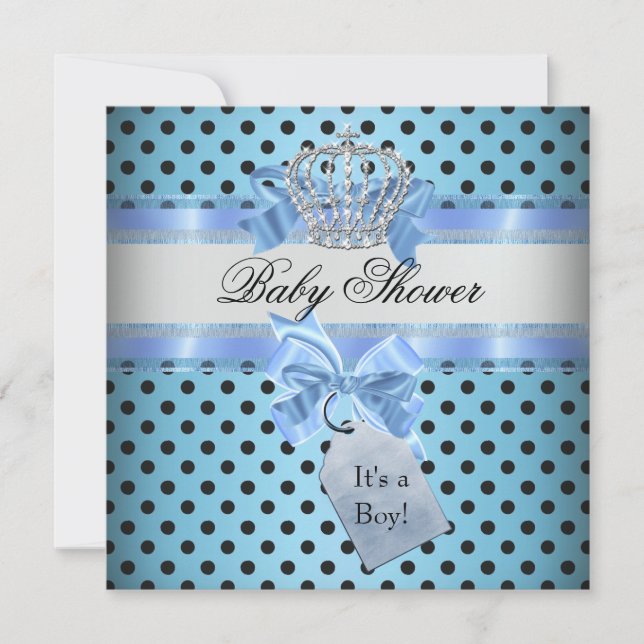 Baby Shower Boy Polka Dot Blue Prince Crown Black Invitation (Front)