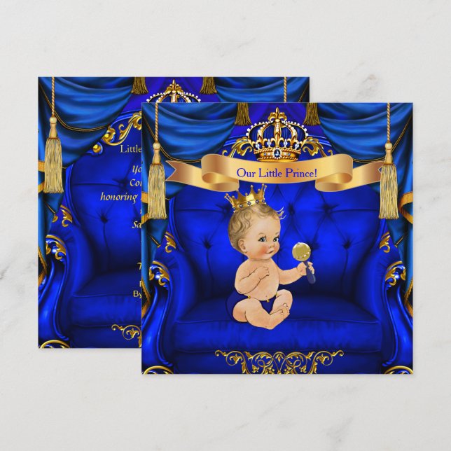 Baby Shower Boy Prince Royal Blue Gold Blonde boy Invitation (Front/Back)