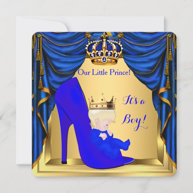 Baby Shower Boy Prince Royal Blue Shoe Gold 4 Invitation (Front)