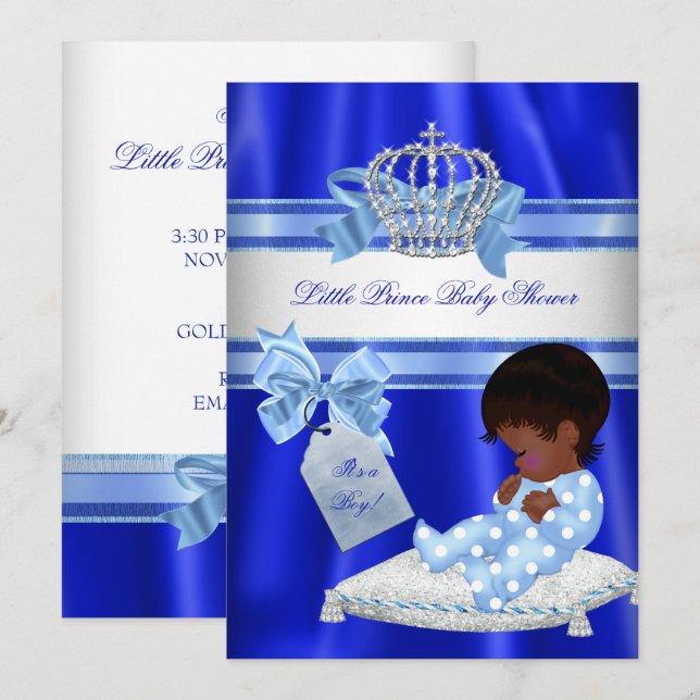 Baby Shower Boy Royal Blue Little Prince Ethnic Invitation (Front/Back)
