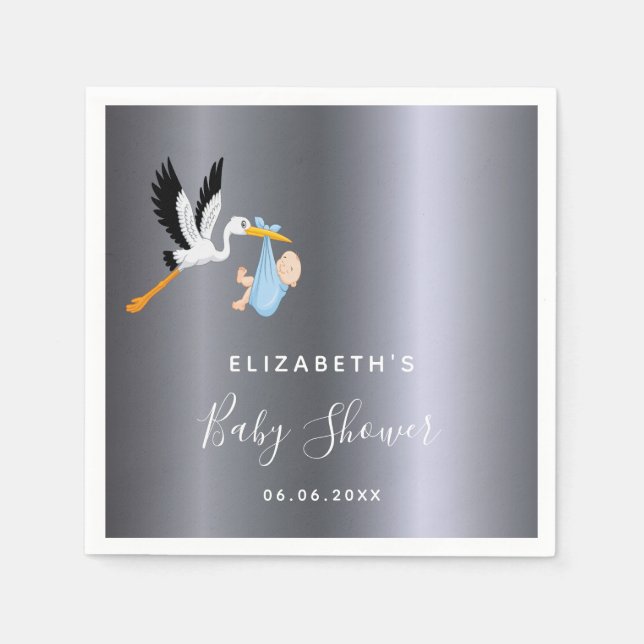 Baby shower boy silver blue stork napkin (Front)