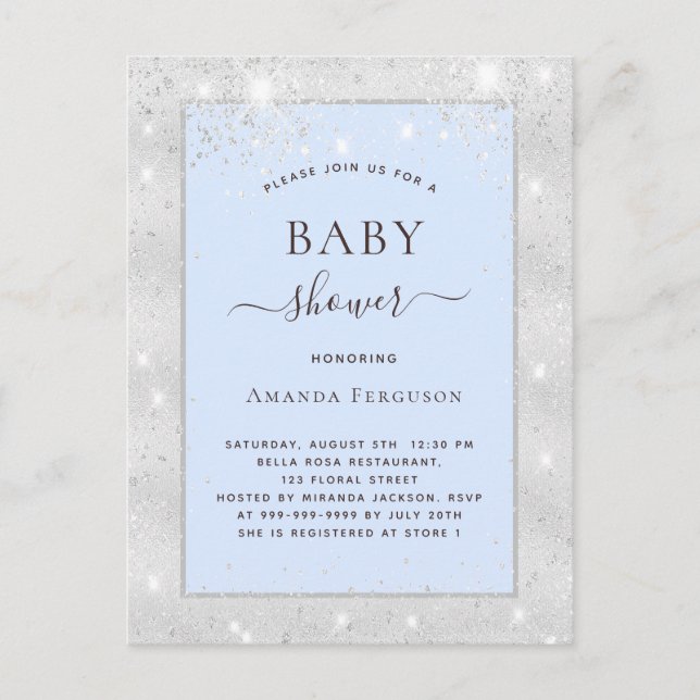 Baby shower boy silver light blue glitter invitation postcard (Front)
