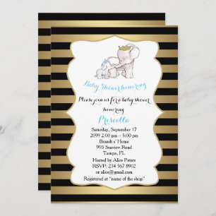 Baby Shower BOY, strip,black,gold,,elephants Invitation