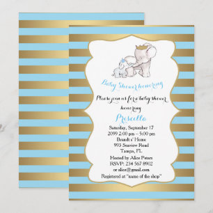 Baby Shower BOY, strip,blue,gold,,elephants Invitation