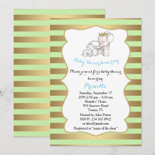 Baby Shower BOY, strip,mint,gold,,elephants Invitation