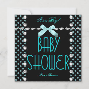 Baby Shower Boy Teal Blue Black White Polka Dot Invitation