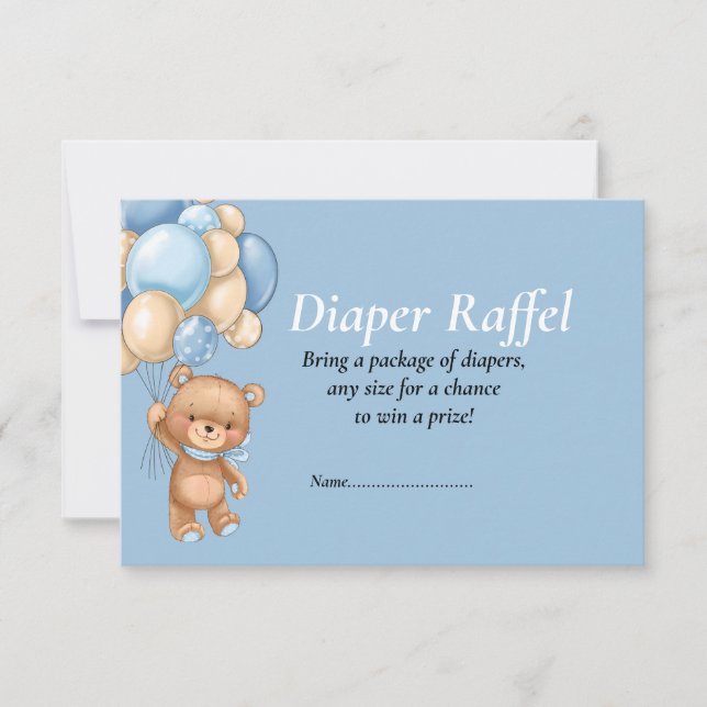 Baby Shower Boy Teddy Balloons Blue  Diaper Raffel Invitation (Front)