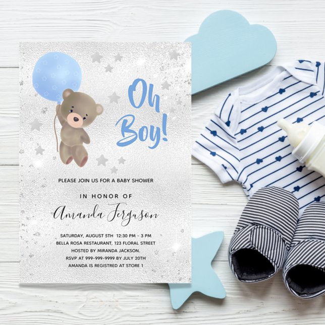 Baby shower boy teddy bear blue silver star invitation postcard (Creator Uploaded)