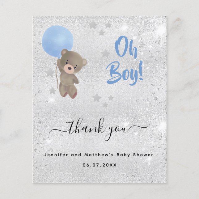 Baby Shower boy teddy bear silver thank you card (Front)