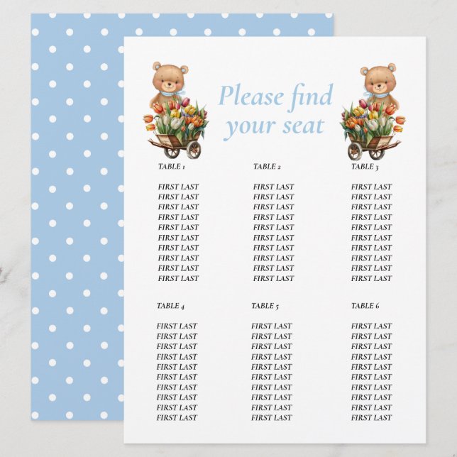 Baby Shower Boy Teddy Floral Rustic table chart Invitation (Front/Back)