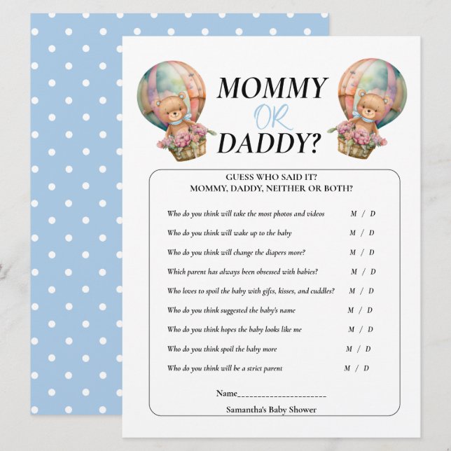 Baby Shower Boy Teddy Mummy Daddy Balloon Blue    Invitation (Front/Back)