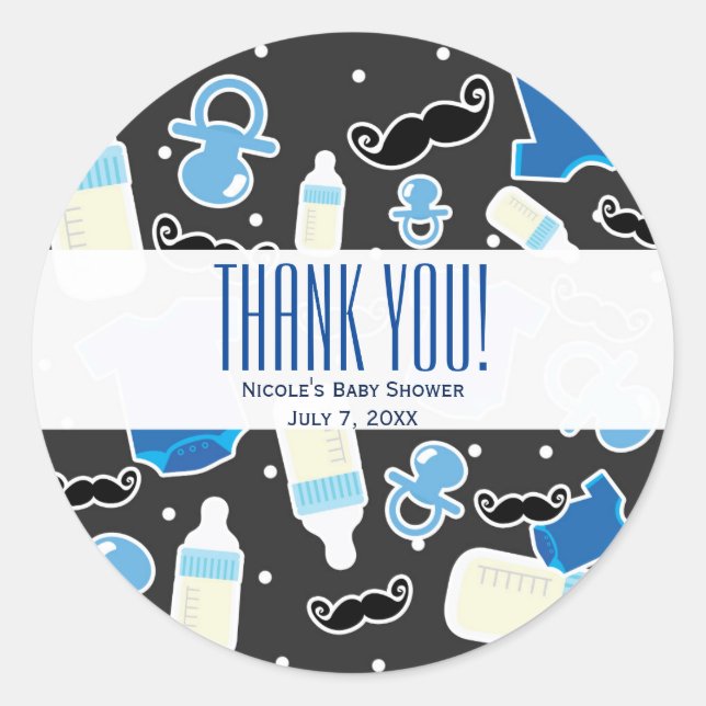 Baby Shower Boy Things Blue & Grey Modern Favour Classic Round Sticker (Front)