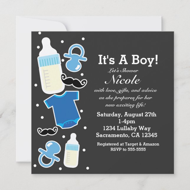 Baby Shower Boy Things Blue & Grey Modern Invitation (Front)