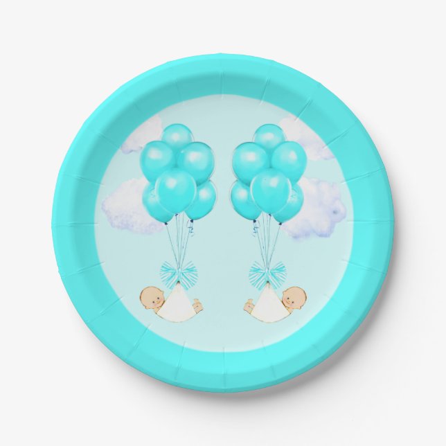 Baby Shower Boy Twins Paper Plate (Front)