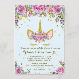 Baby Shower Boy Unicorm invitation,flowers, blue Invitation