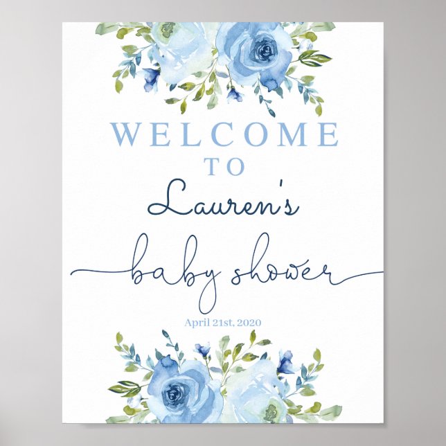 Baby shower boy welcome sign, floral blue poster (Front)