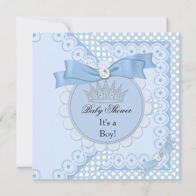 Baby Shower Boy White Blue Prince Crown Invitation (Front)